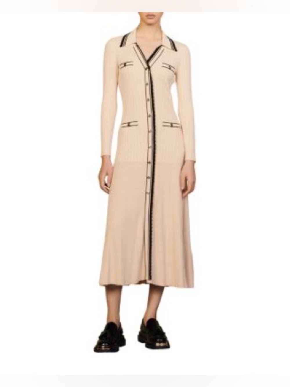 Sandro Alexandrine ribbed knitted button-front midi dress in beige - Picture 5 of 11